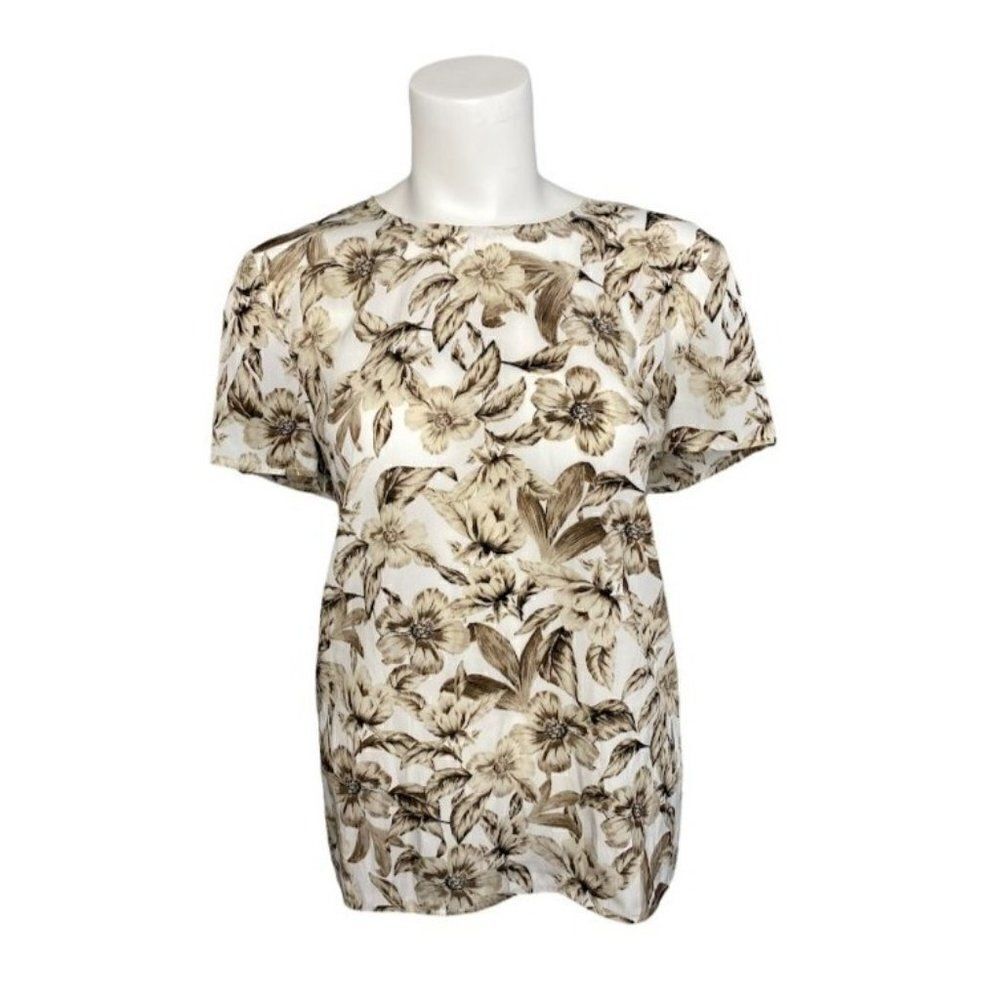 J JILL Brown Taupe Cream Floral Short‎ Sleeve Crew Neck Top Sz Medium